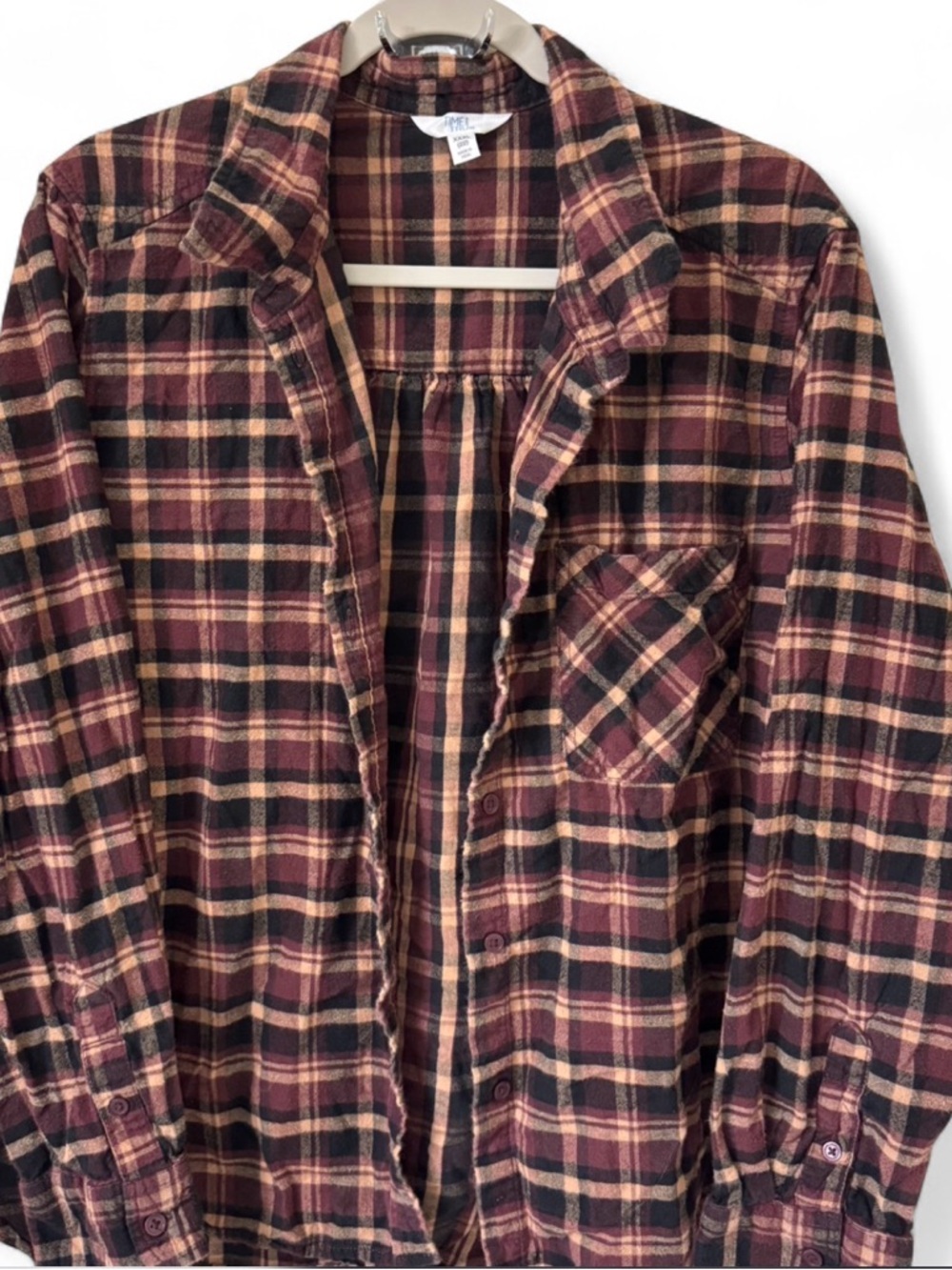 Time and Tru Burgundy, Black, and Cream Plaid Flannel Shirt